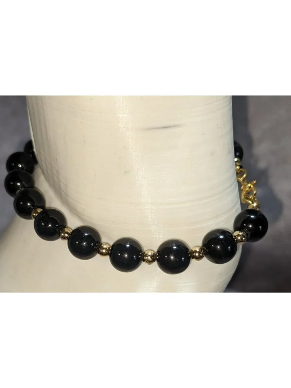 Glam Vintage Monet Black Beaded Bracelet Gold Tone Statement Jewelry